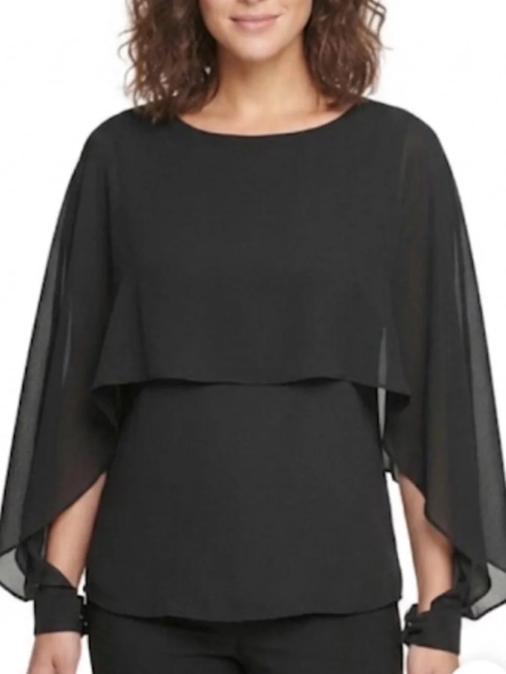 Marc New York Black Cape Overlay Blouse – Sheer Chiffon Wing Sleeve Top XL - Picture 1 of 8
